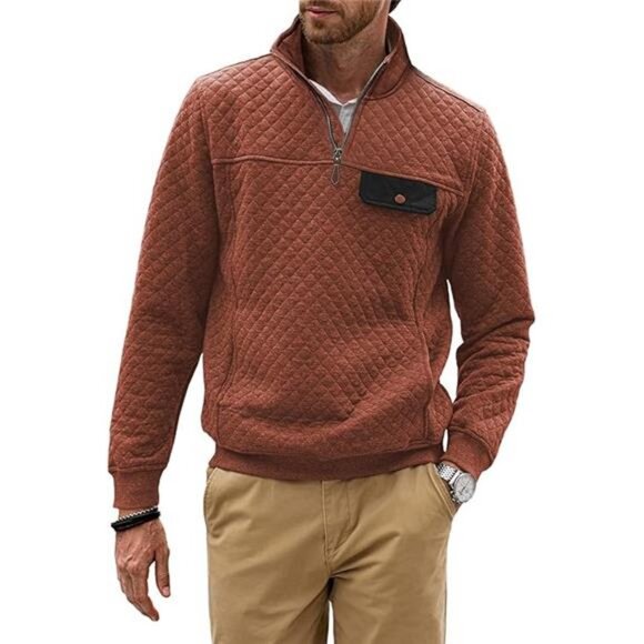 Men's Quilted Sweatshirt Long Sleeve Outdoor Stand Collar Quarter-Zip Pullover - Picture 7 of 7